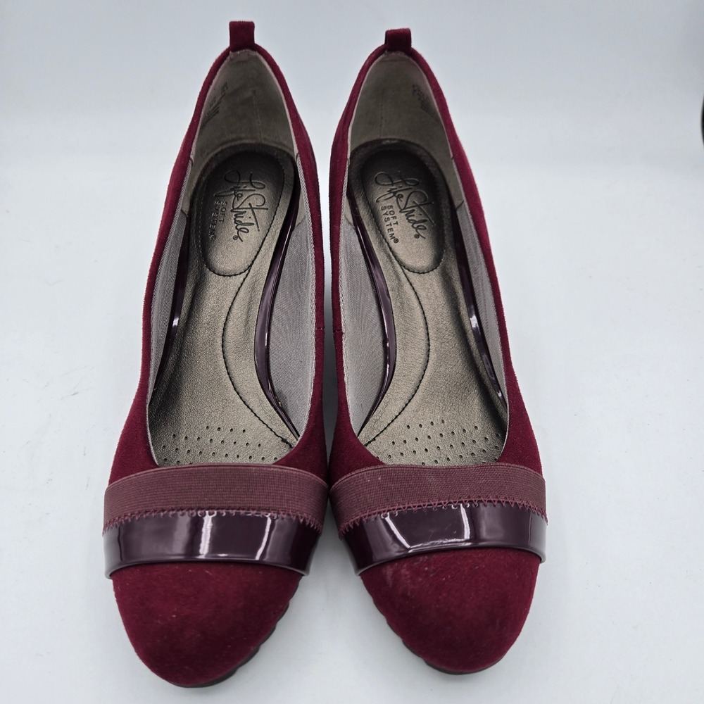 LifeStride Paris Wedge Shoes Burgundy Suede‎ Patent Elastic Comfort 8.5W - Picture 2 of 10